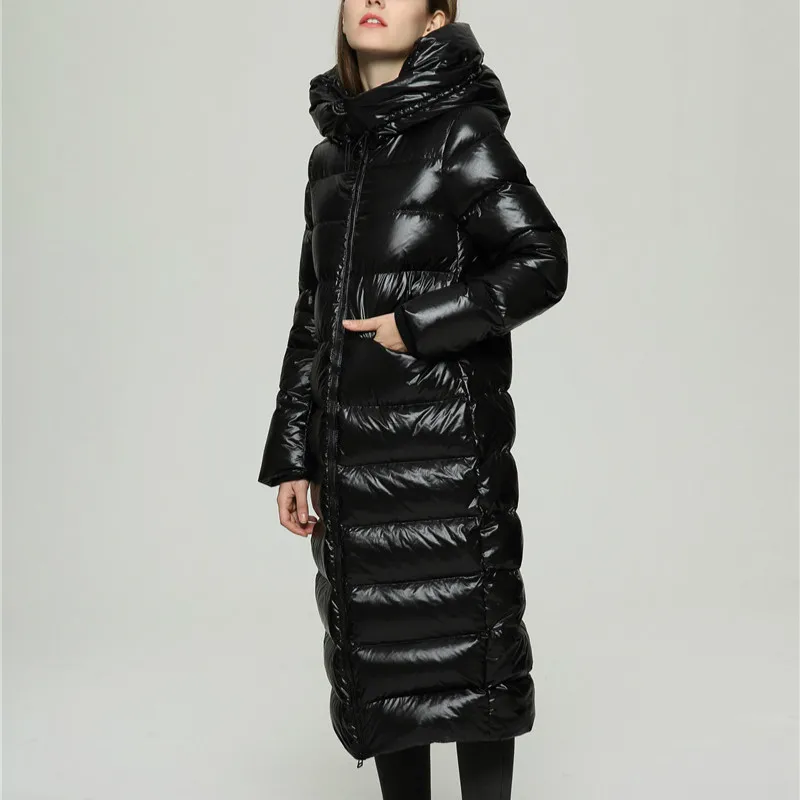 

Bright Thicker Warm Hooded Winter Cocoon-shaped Down Puffer Jackets Women Tops White Duck Down Coat Long Overcoat Female Lb003
