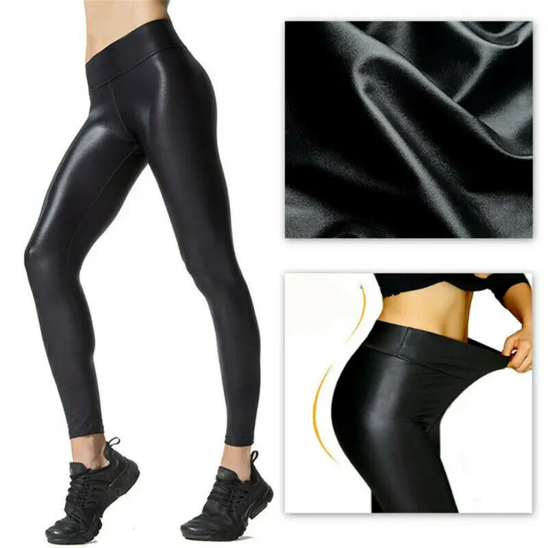 Women Black Pants Stretch Faux Leather High Waist Slim Leggings Trouser