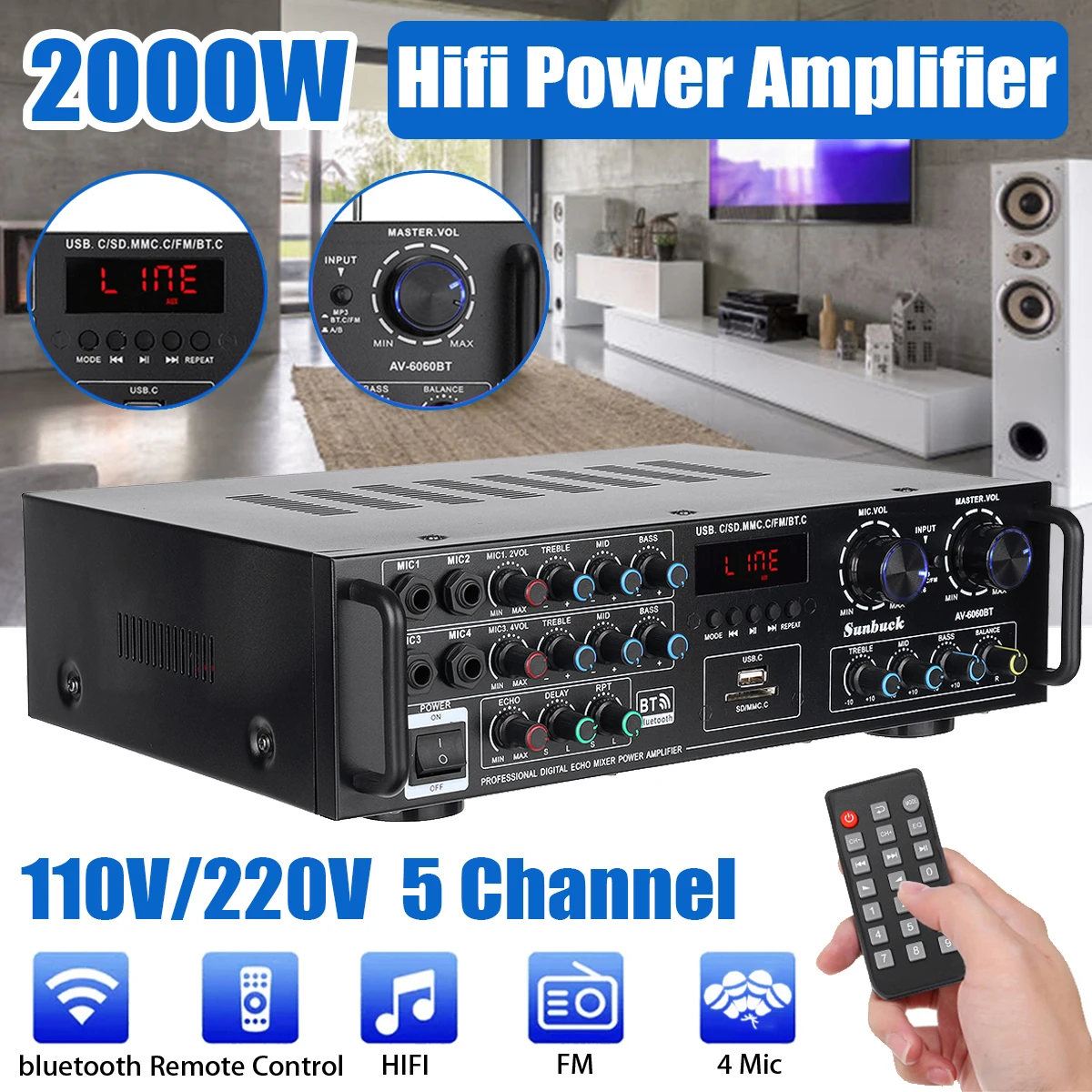 2000W Home Amplifiers Audio 220V Bass Audio Power Bluetooth Digital Amplifier Hifi FM USB SD LED  for Subwoofer Speakers non inverting amplifier Audio Amplifier Boards