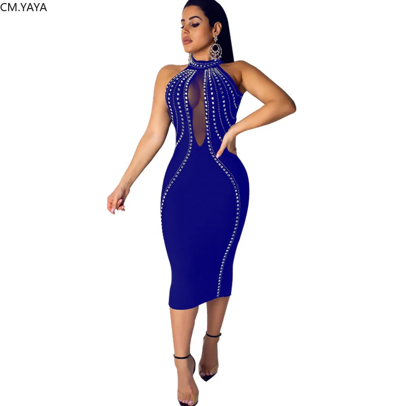 

women mesh splicing hot drilling rhinstones midi bodycon knee length dress sexy sleeveless open back club party dresses GLM2659