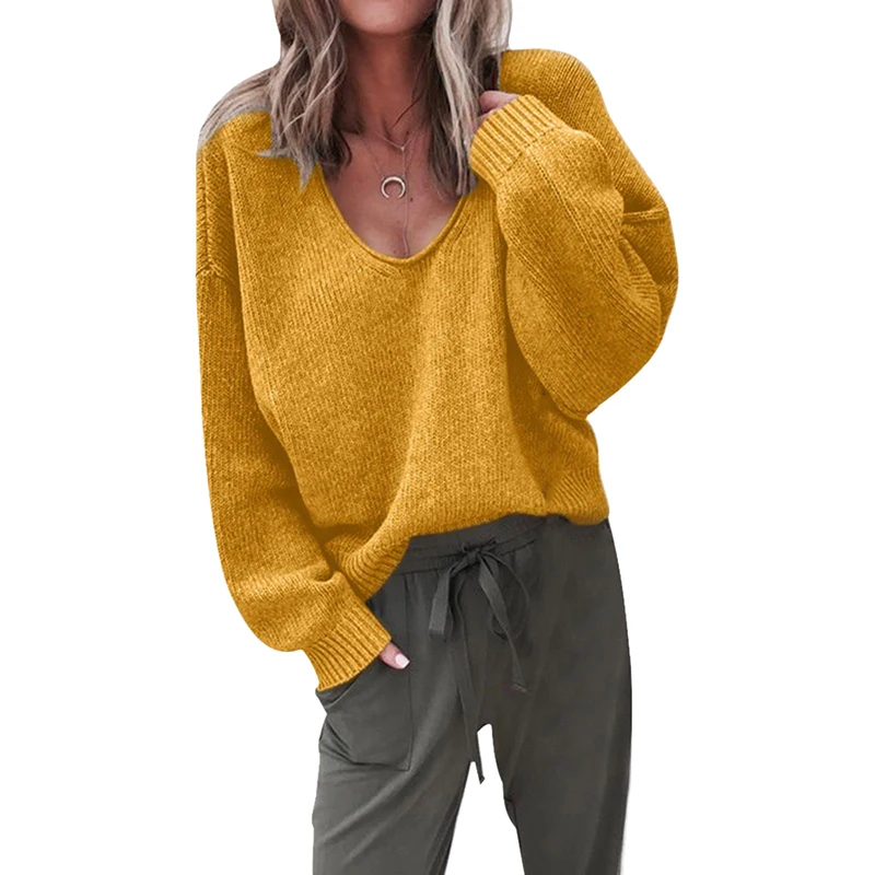SHUJIN Для женщин Повседневное вязаный свитер с v-образной горловиной и длинными рукавами пуловеры для свободные однотонной осень-зима женские Модные Теплые Топы - Цвет: Yellow