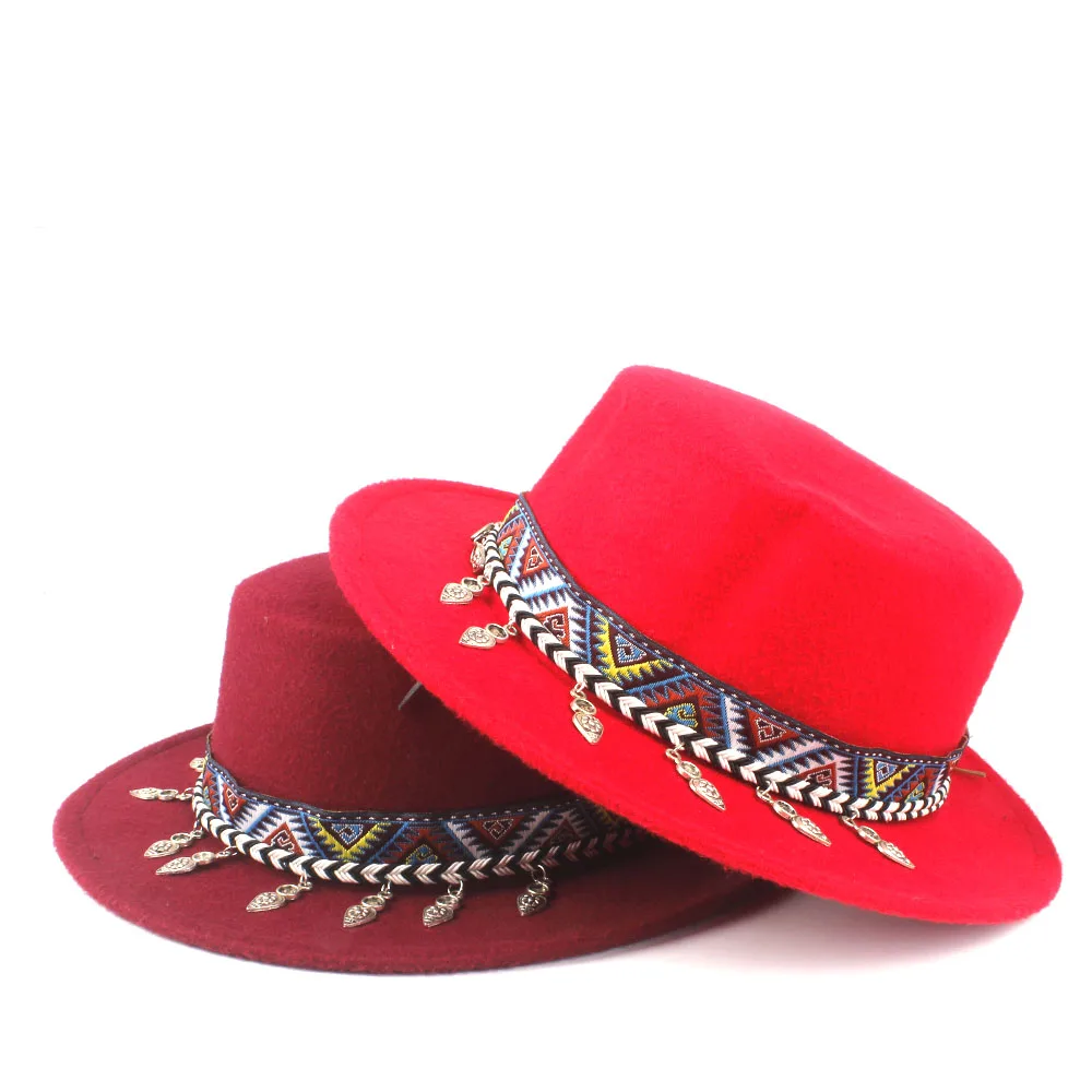 Модные, женские, шерстяные плоский пирог свининые цилиндр с бахрома на ленте, фетровая шляпка шерстяная шляпа для элегантных леди мужская фетровая шляпа мягкая фетровая шляпа Размеры окружности головы 56-58 см