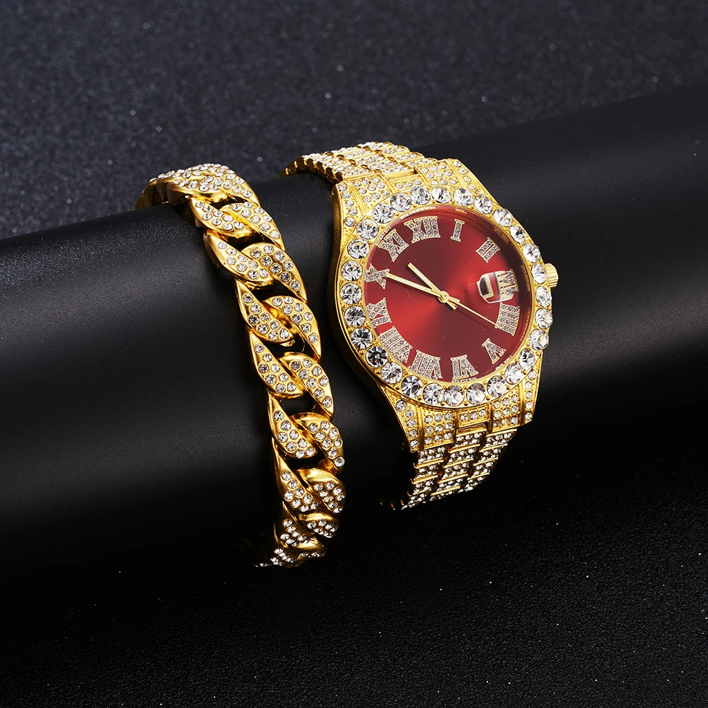 2 Pcs Watch+bracelet Hip Hop Stainless Steel Gold Color Calendar Watch For Men Iced Out Paved Rhinestones Men Watch Reloj Hombre