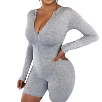 

Sexy Women Jumpsuit Long Sleeve Deep V-neck Playsuit Rompers Front Zipper Bodycon Slim Causal Homewear Shorts Bodysuit 2020 New