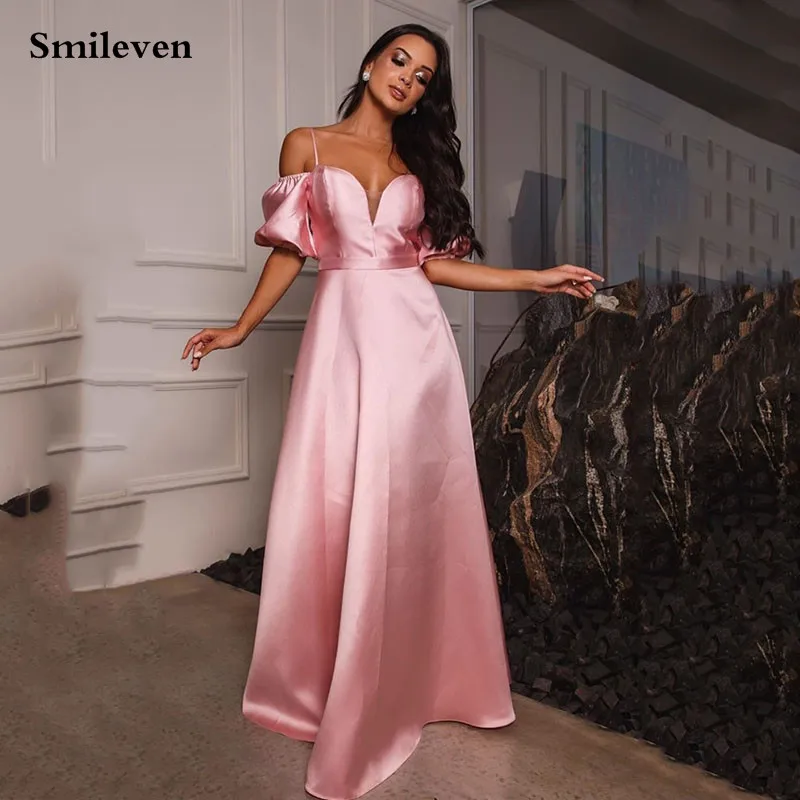 

Smileven Satin Pink Sweetheart Formal Evening Dresses Off The Shoulder Straps Arabic Long Prom Party Gowns 2021