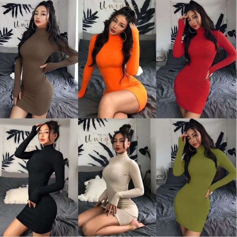 

Slim Fit Turtleneck Long Sleeve Hip Dress Female 2020 Autumn and Winter Home Solid Color Base Party Step Mini Dresses