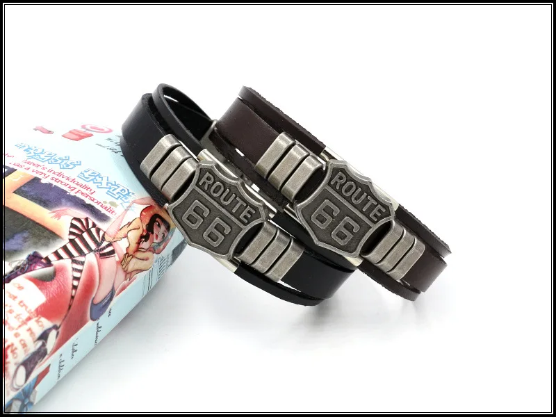 New Men’s Leather Bracelet with Hot ROUTE 66 60s Road Sign Motorcycle Biker Rider Black Bangles Males Jewelry