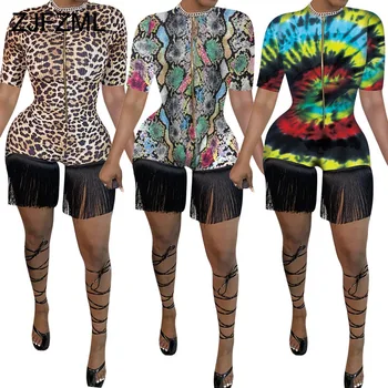 

Leopard Snake Tie Dye Rompers Womens Jumpsuit 2020 Summer Birthday Club Outfits Tassels Splicing Front Zipper One Piece Overall