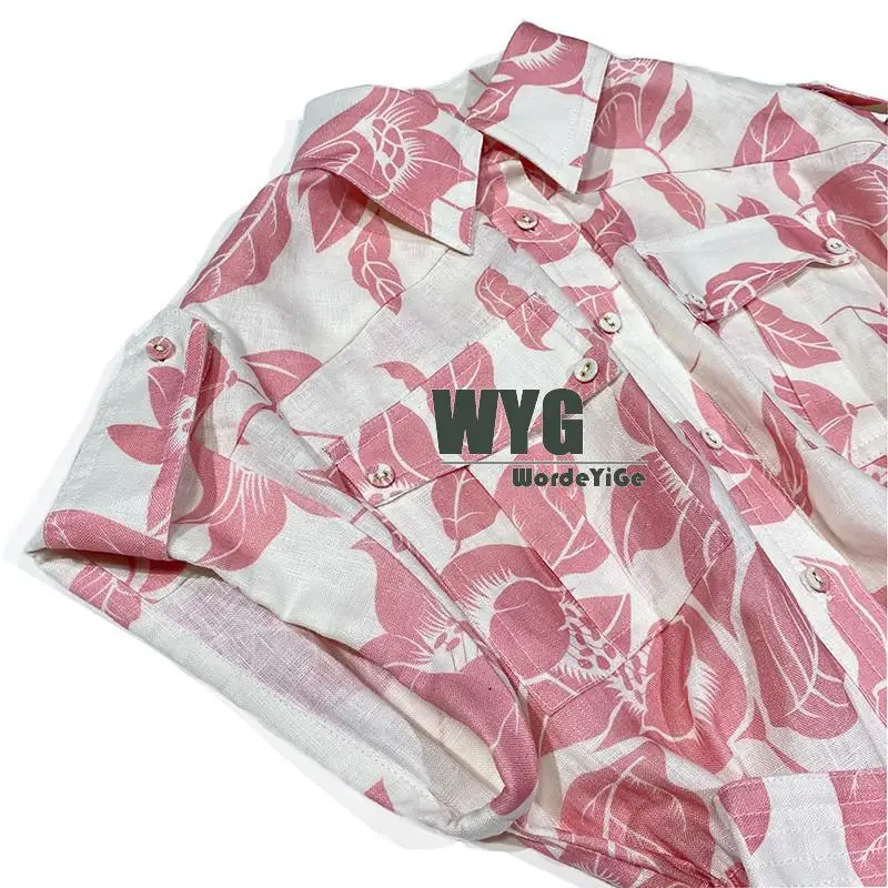 Linen Jumpsuit For Woman 2020 Summer New Fashion Blogger Style Pink Leaf Print Short Sleeve Elegant Casual Rompers