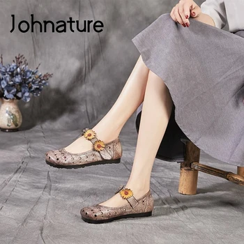 

Johnature 2020 New Spring Flats Women Shoes Genuine Leather Retro Hook & Loop Round Toe Shallow Casual Handmade Ladies Shoes