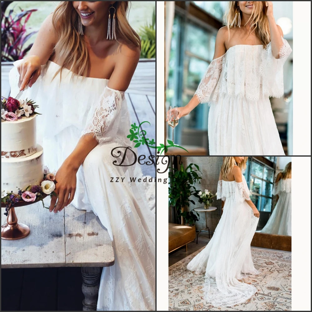 

Romantic Wedding Dresses Strapless Backless Beach Bride Dress Lace Two Pieces Natural Waisted Custom-Made Vestidos De Noiva