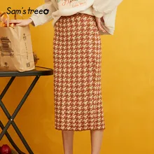 SAM'S TREE/вязаная юбка в клетку с разрезом сзади в Корейском стиле; женская одежда; коллекция года; сезон осень; трапециевидная юбка в британском стиле; обтягивающие офисные женские юбки