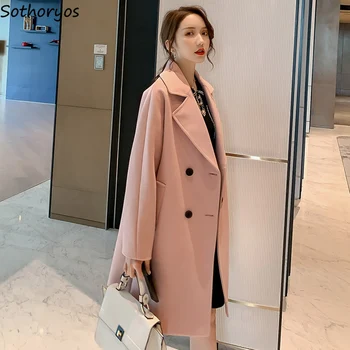 

Blends Women Solid High Quality Elegant Korean Style Casual Double Breasted Pockets Womens Slim Ulzzang Solid All-match Outwear