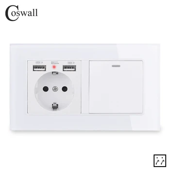 

COSWALL EU Russia Wall Socket With 2 USB Charge Port + 1 Gang 3 Way On / Off Intermediate Crossover Light Switch Glass Panel