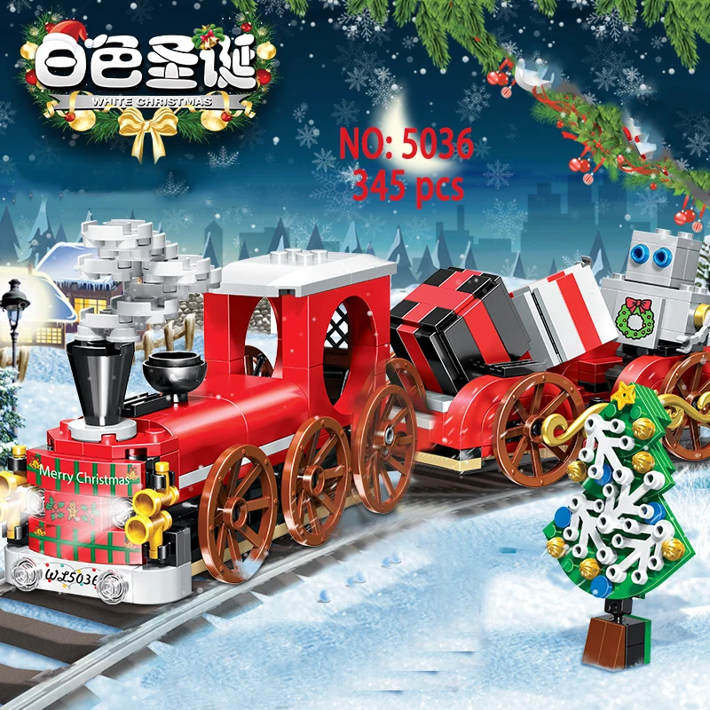 

White Christmas Theme Christmas Train Building Blocks With Noel Santa Claus Figures 345Pcs Festival Gift Toys For Kids Toy Brick