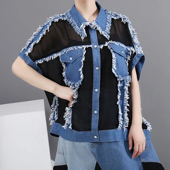 

Short Sleeve Tassel Denim Spliced Chiffon See Through Loose Women Shirt Cardigan Female Streetwear Fashion Plus Size Shirt Coat