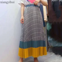 Элегантный дизайн, Женская длинная Плиссированная юбка с эластичной талией, модная клетчатая юбка, женская повседневная юбка с высокой талией, осенняя Новинка