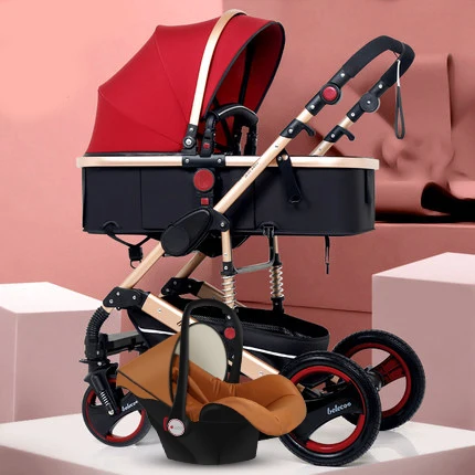 Belecoo high landscape Baby Pram 3 in 1 baby stroller two-way Carriage folding light four-wheel shock absorber baby trolly - Цвет: blsck red gold