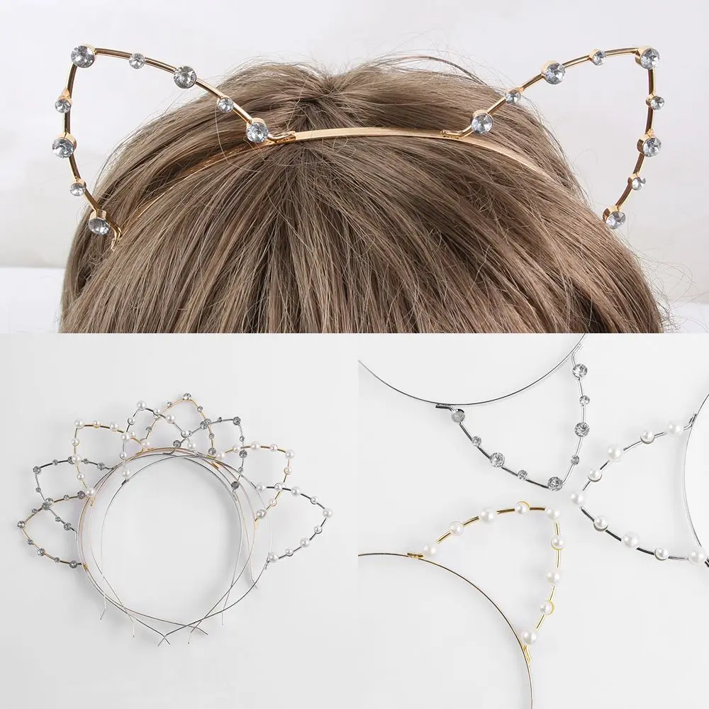 Alloy Rhinestones Cute Cat Ear Headband Fashion Women Girls Hair Band Accessoriess Silver/Golden Pearls Cat Ear Headband Party