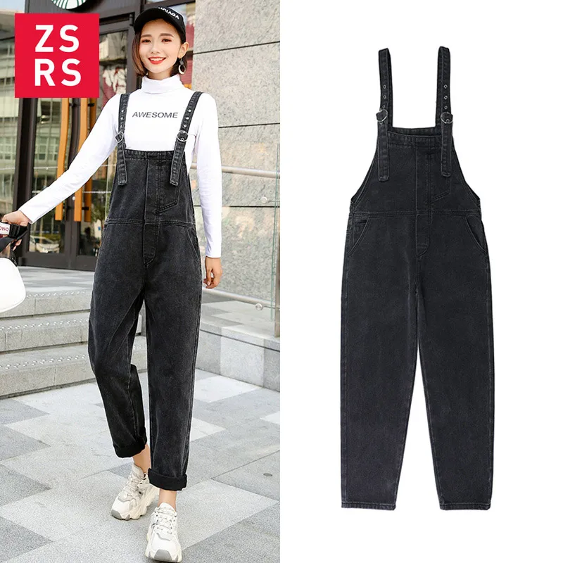 

Zsrs 2019 Autumn fashion Retro washed denim straps wide-legged slacks denim jumpsuit with buckles pockets Black Size 2xl