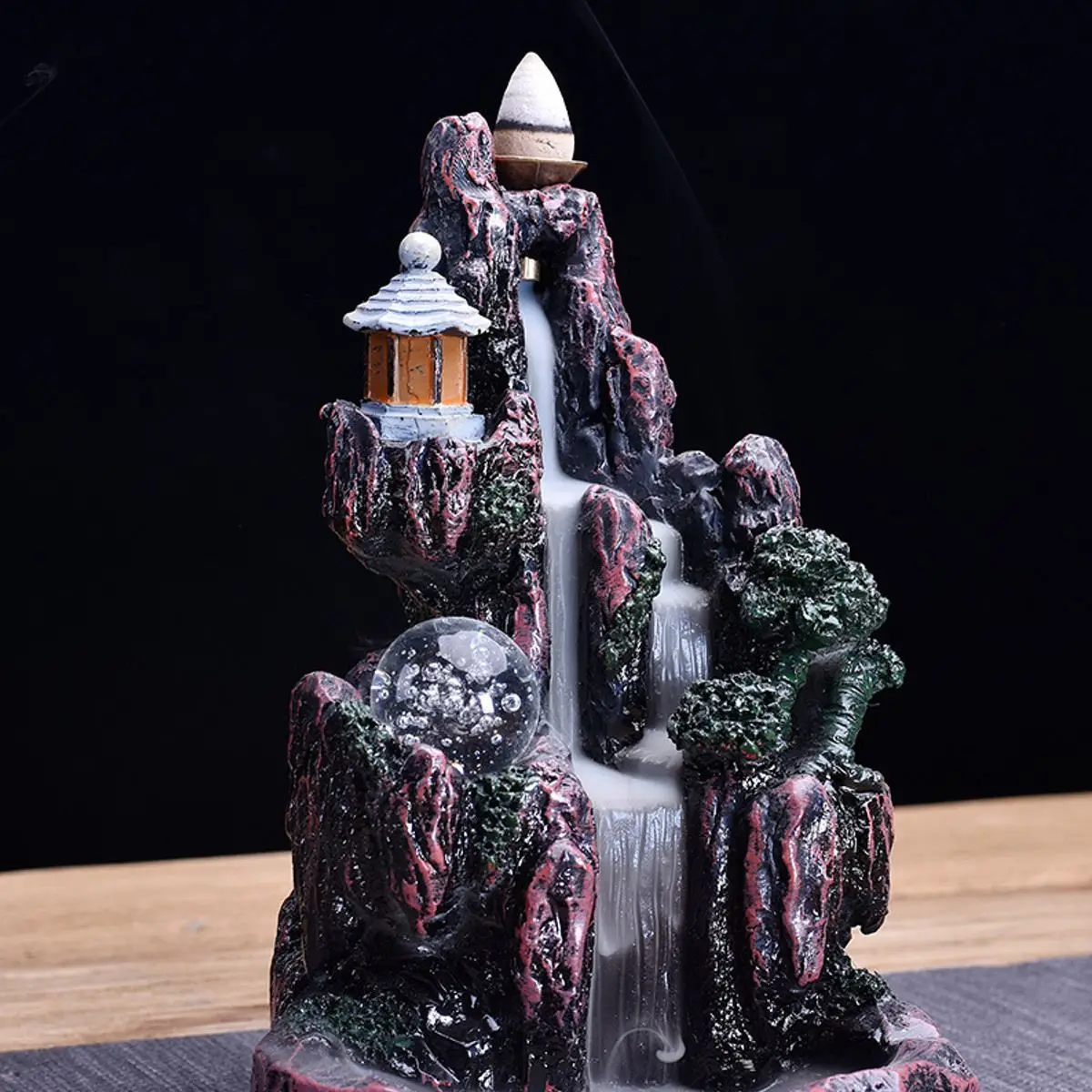 LED Waterfall Backflow Resin Incense Burner Glowing Ball Home Incense Holder Table Ornament