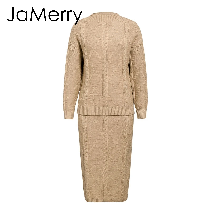 JaMerry Vintage elegant two piece set women knitted dress suit Autumn winter long sleeve ladies suit Party female sweater dress - Цвет: Хаки