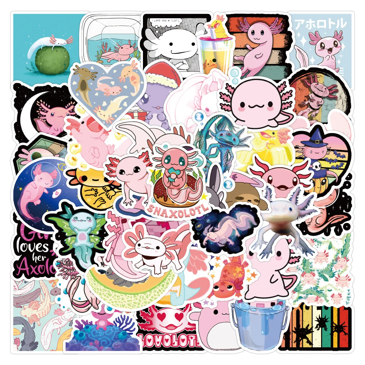 

50pcs Cute Axolotl Cartoon Sticker Flakes Pack Children Like Aesthetic Waterproof Guitar Suitcase Laptop Cup Skateboard Stickers