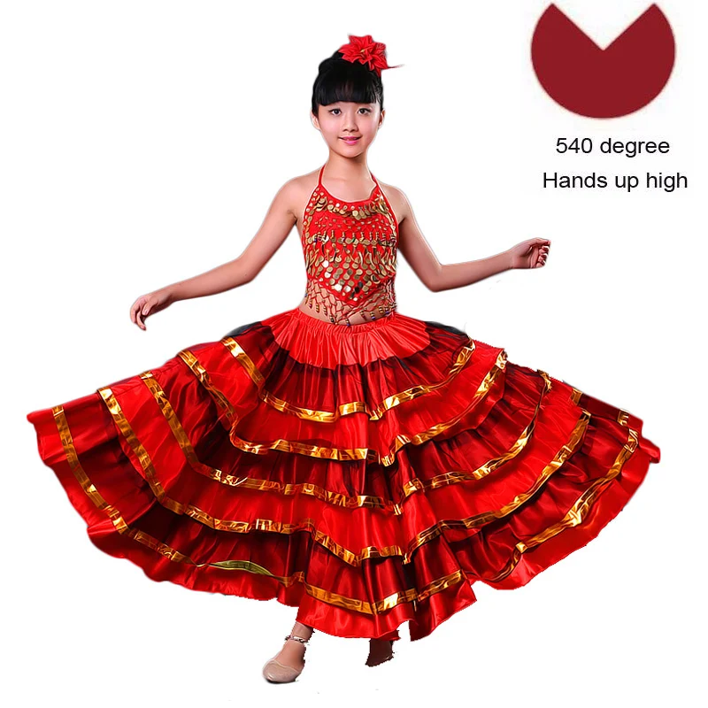 Высококачественная атласная, мягкая, красная, черная, испанское фламенко-юбка для девочек-подростков Полосатое блестящее платье для Бальных и сценических танцев - Цвет: Color2 540degree