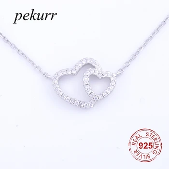 

Pekurr 925 Sterling Silver Hollow Double Heart Necklaces For Women Pandents CZ Choker Romantic Fine Jewelry Gift