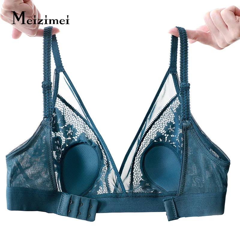 Sexy Thin Transparent Lace Bra Large size C Cup Antibacterial Push up  Brassiere For Women
