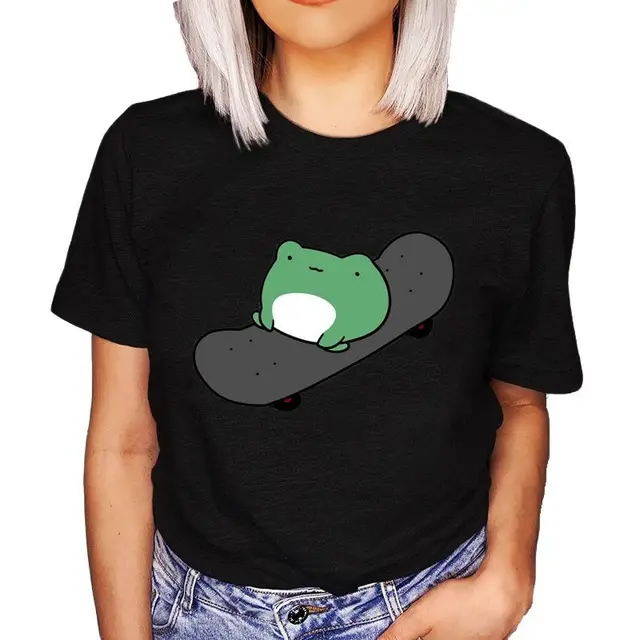 Skateboard Frog Cartoon Print Black Women T shirt Girl Harajuku Graphic Tee Y2k Top Aesthetic Clothes Vintage Shirt,Dropship T327Y-Black