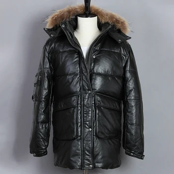 

Fashion Genuine Leather Men Black Cowskin Jacket Fur Hooded White Duck Down Long Two Pockets Winter Coat