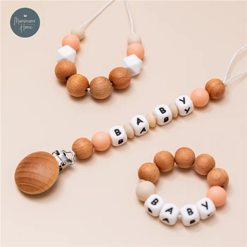 

Personalized Baby Bracelet Pacifier Clip Dummy Clip Chain For Nipples Children Beech Wooden Pendant BoyGirl Teething Rattle Gift