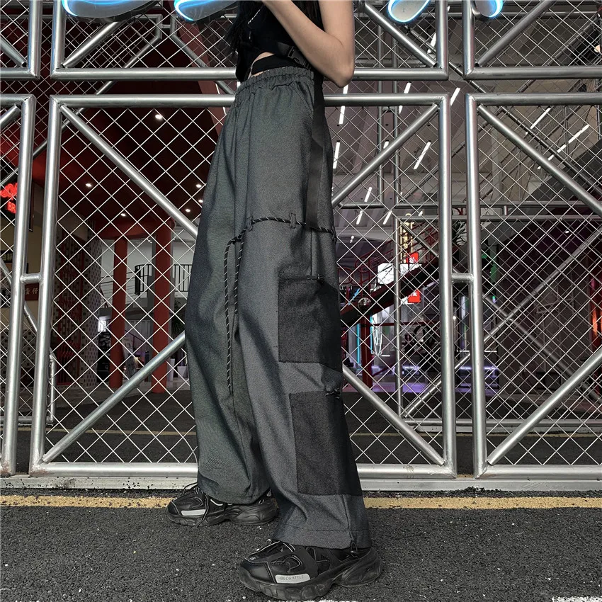 Корейский ulzzang ins Harajuku широкие брюки с карманами высокая эластичная талия Свободные Уличная Стиль Весна Осень новая женская одежда