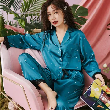 

Smmoloa Ladies Sexy Satin Pajamas Set Long Sleeve Top+Pants Sleepwear Printing Autumn Female Home Wear