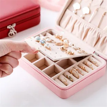 

Korean Style Fresh Simple Girl Earrings Plate Jewelry Box Portable Leather Earrings Ring Multi Function Jewelry Storage Box