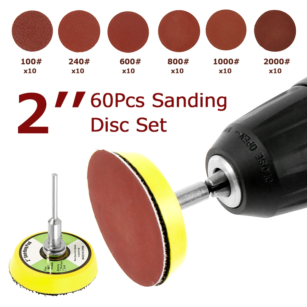 

60pcs 100/240/600/800/1000/2000 Grits Sanding Disc Set 2inch 50mm+ Loop Sanding Pad with 3mm Shank For Polishing Cleaning Tools