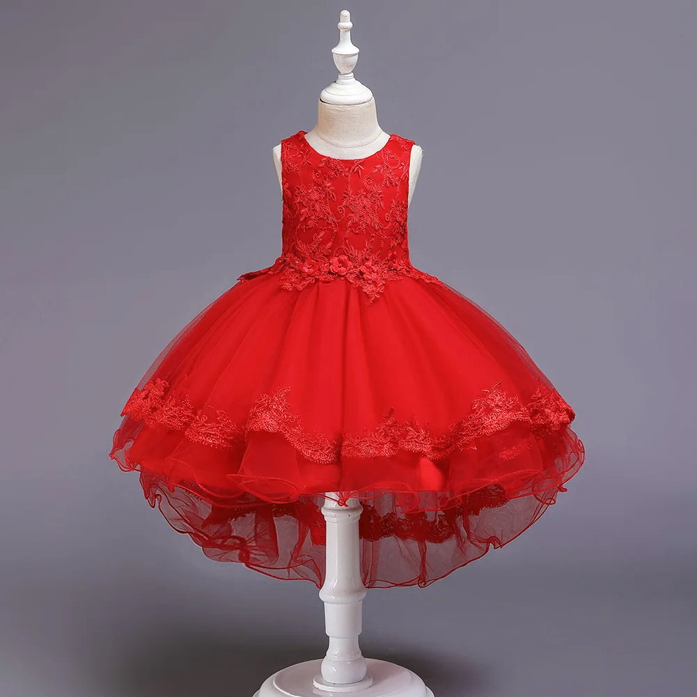 Детские коктейльные платья для девочек от 3 до 11 лет, торжественный Вечерний туалет, многослойное длинное вечернее платье с короткими рукавами спереди для детей - Цвет: Красный