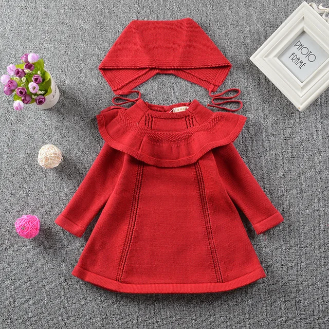 Эксклюзивное платье-свитер с длинными рукавами для маленьких девочек, комплект из 2 предметов комплект с брюками, детское трикотажное хлопковое осенне-зимнее платье для младенцев Платья с цветочным рисунком, Bautizo - Цвет: red