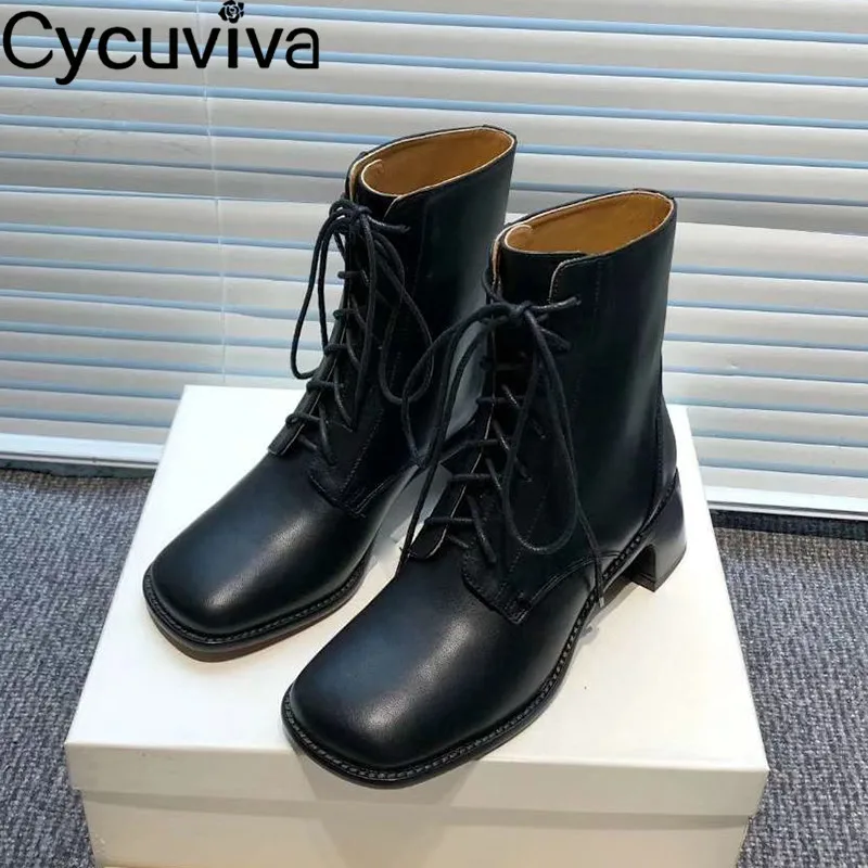 Women Boots Classic Square Toe Ankle Boots Genuine Leather Chunky Wedge Heel Motorcycle Boots Runway Party Winter Shoes Woman - Цвет: black