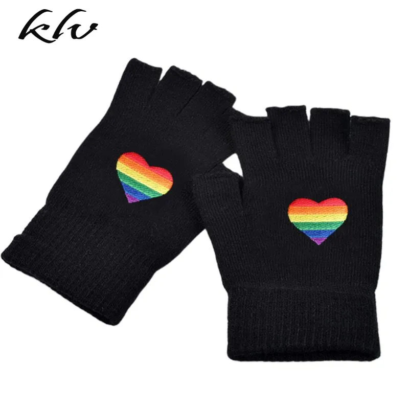 

Women Men Winter Warm Knitted Fingerless Gloves Rainbow Stripes Heart Embroidered Gay Pride Hip Hop Half Finger Mittens