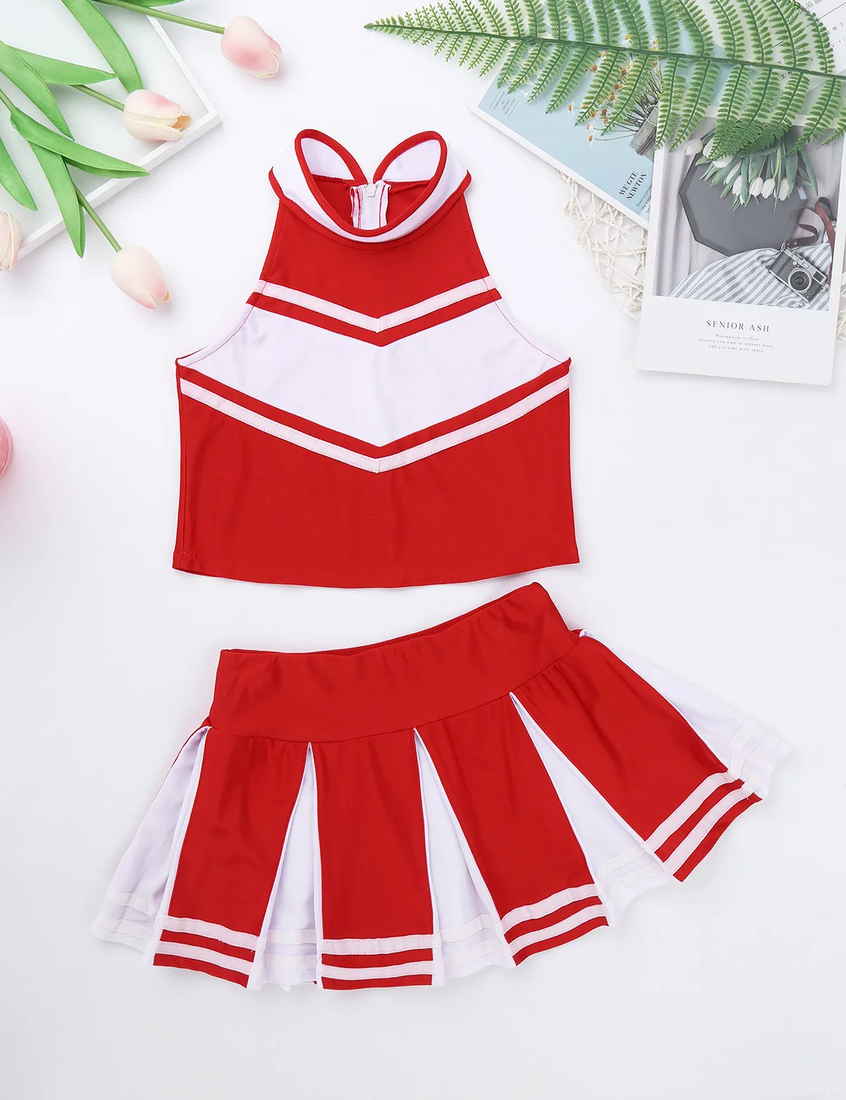 Kids Girls Cheerleading Costume Cheerleader Outfit Sleeveless Zippered Tops with Pleated Skirt Set School Girls Cosplay Party