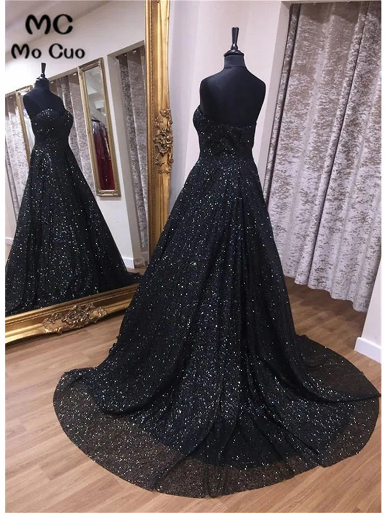 Black Sparkly A-Line Evening Dresses Long Sweetheart Sequined Women Evening Dress Black Prom Dress Custom Made - Color: Black