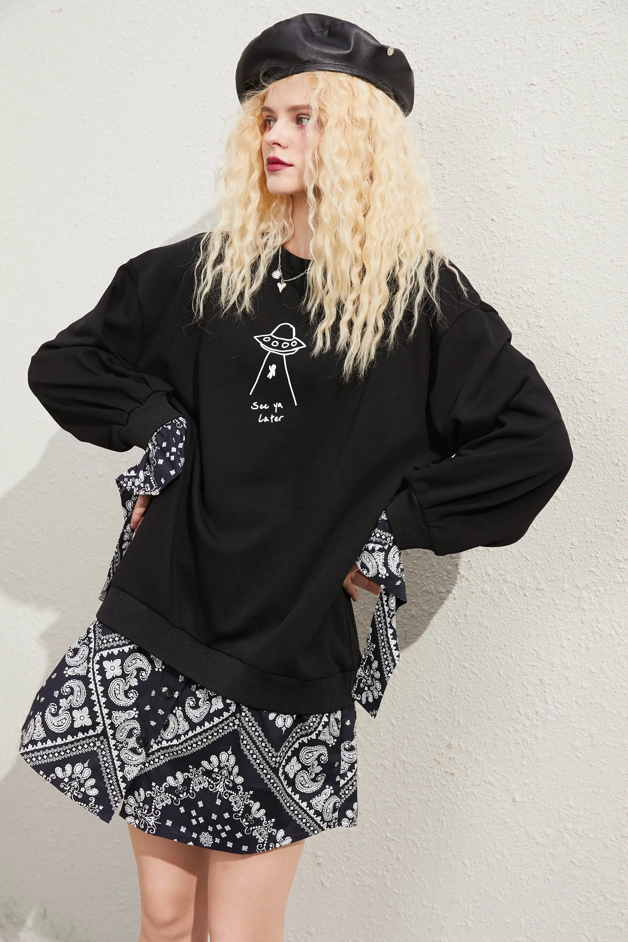 ELFSACK Black Graphic Print Casual Mini Dress Women,2020 Autumn ELF Vintage Full Sleeve Patchwork ,Korean Ladies Daily Dresses