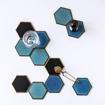 

Nordic style ceramic gold-plated edge coaster hexagonal creative heat insulation pad table tea table water cup pad decorative