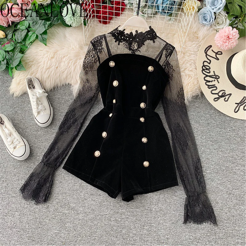 

OCEANLOVE Two Pieces Lace Tops and Jumpsuit Women Solid Button Embroidery 2020 New Playsuit Office Lady Fashion Bodysuit 13624
