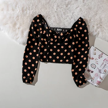 

Cthink Spring 2020 Bodycon Dot Black Shirt Women Fashion Slim Short Blusas For Woman Stylish Square Collar Lantern Long Sleeve