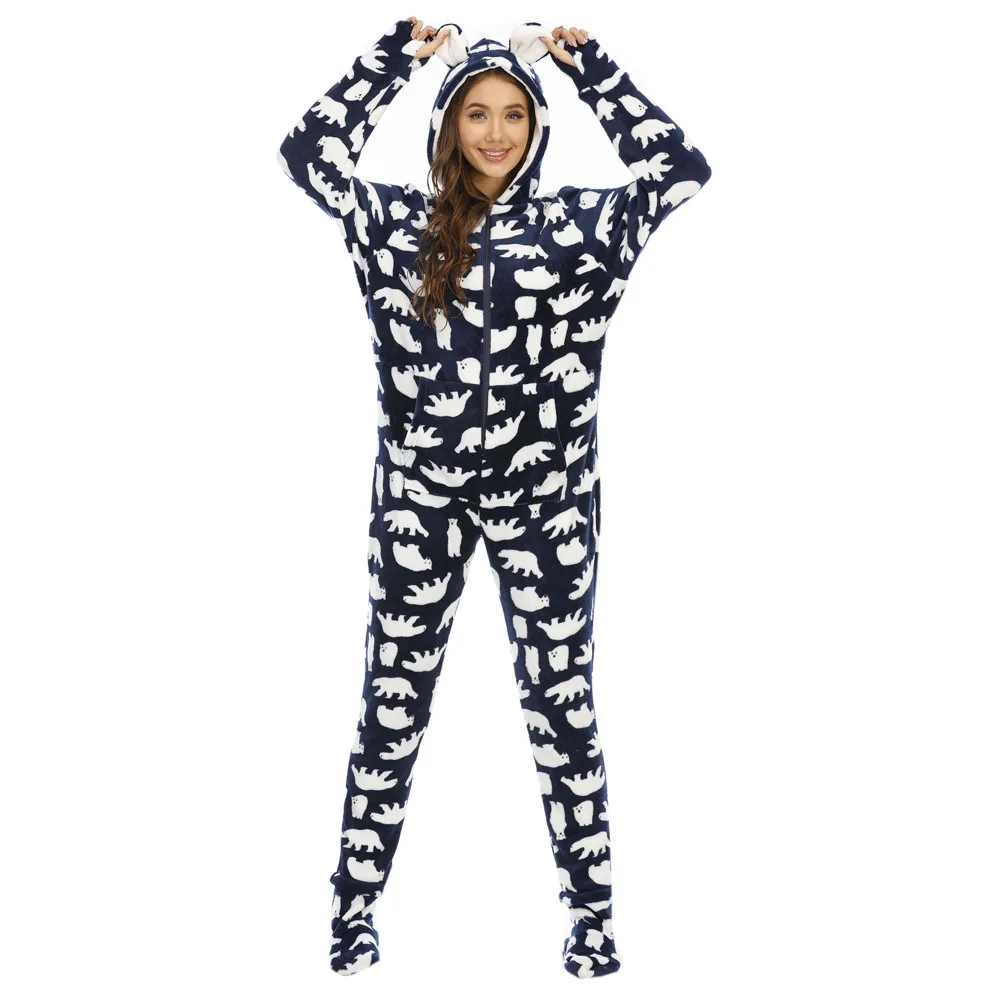 Women Fleece Printed Footed Hooded Onesie Abdl One Piece Sleeper Jumpsuit Adult Pajamas