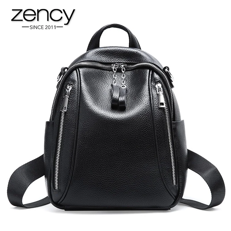

Zency 100% Genuine Leather Soft Skin Fashion Women Backpack More Zipper Pockets Daily Casual Travel Bag Black Schoolbag For Girl