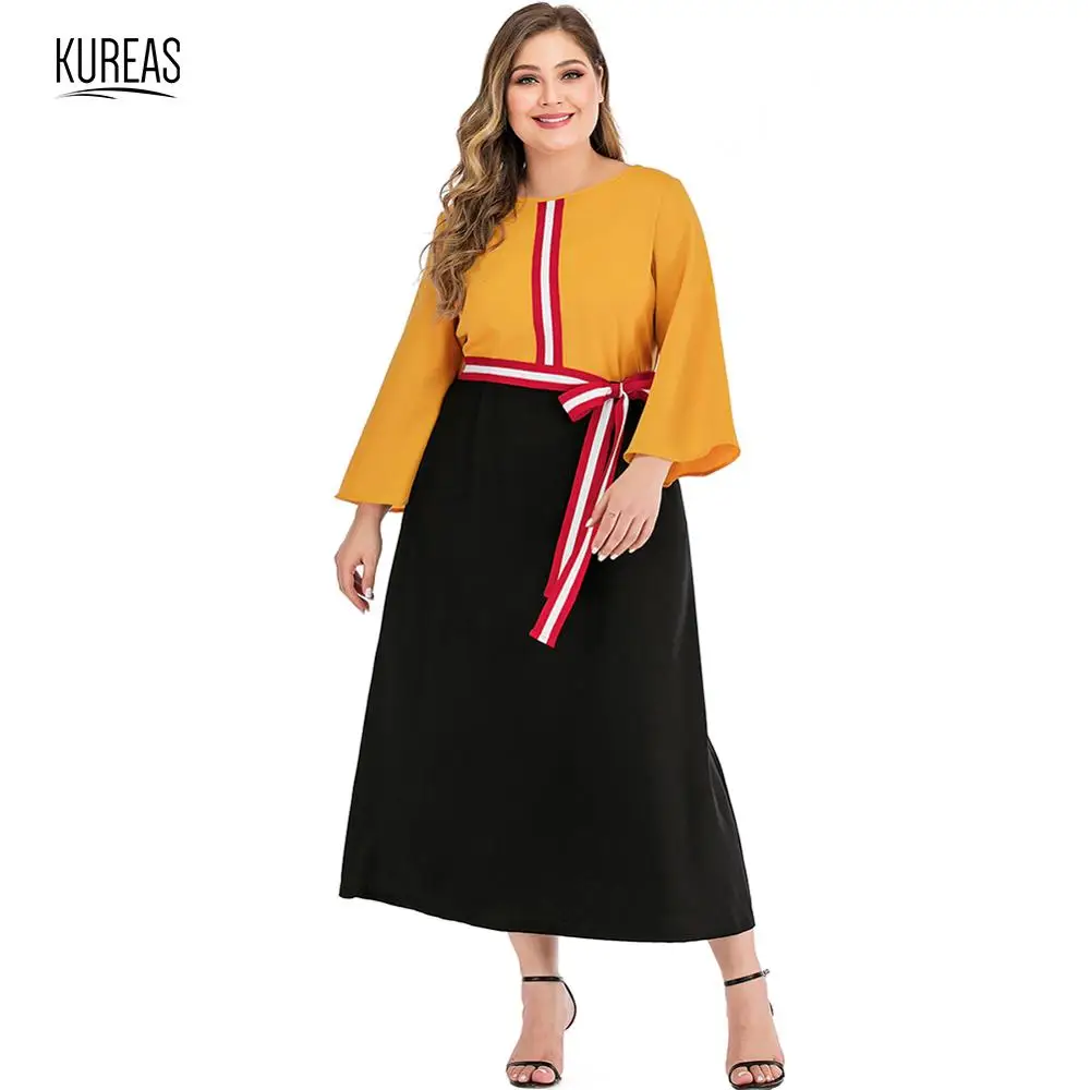 

Kureas Women Dress Plus Size Patchwork Flare Sleeve O Neck Baggy Midi Dresses Casual Big Size Fashion Color Blocking Long Gown
